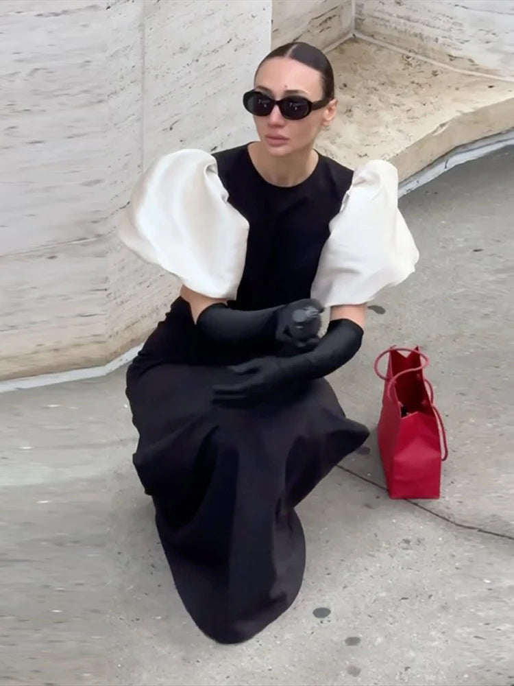 Fashion Puff Sleeve Maxi Dress For Women Sexy Hollow Out Waist Vacation Party Beach Dresses Female 2025 Elegant Lady Chic Robe