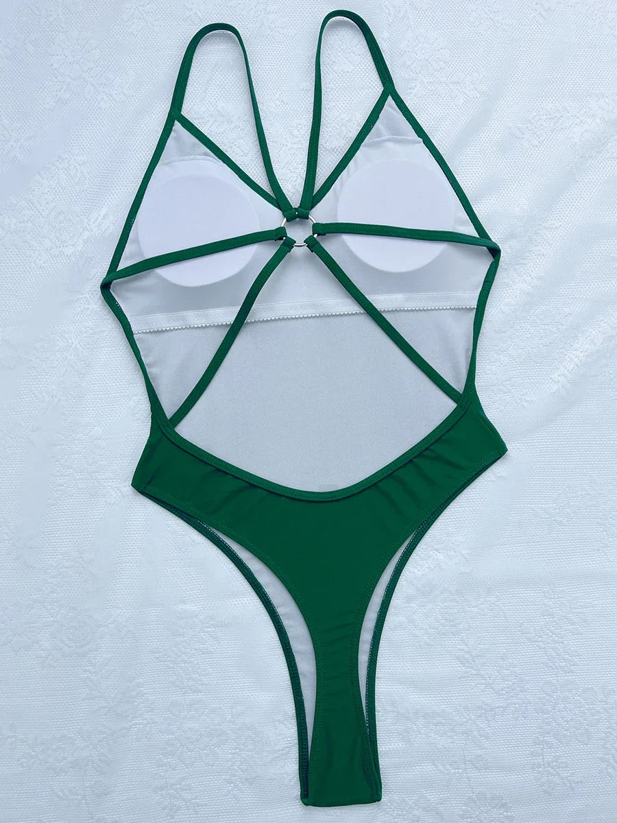 2025 Metal Ring Cross Backless Monokini Thong One Piece Swimsuit Women Swimwear Female High Cut Bathing Suit Swim Beach Wear