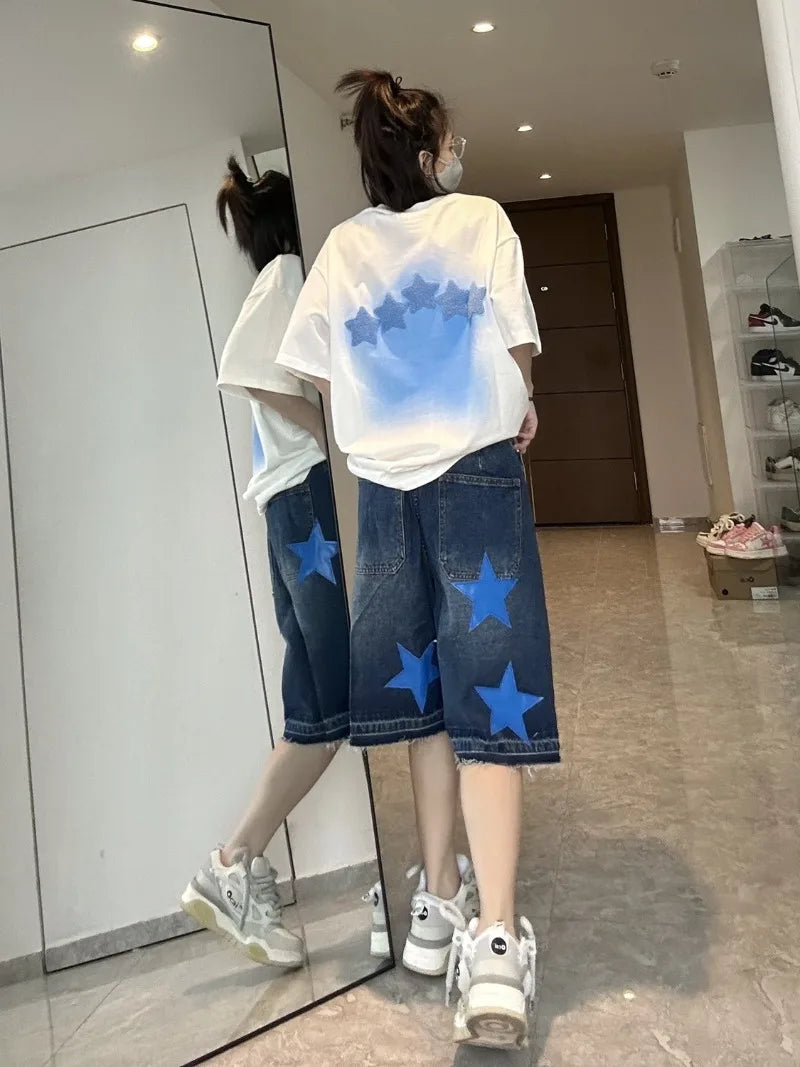 Street Trendy Brand Loose Straight Cropped Pants Women American Retro Star Embroidered Denim Shorts Hip Hop Dance Clothing Men