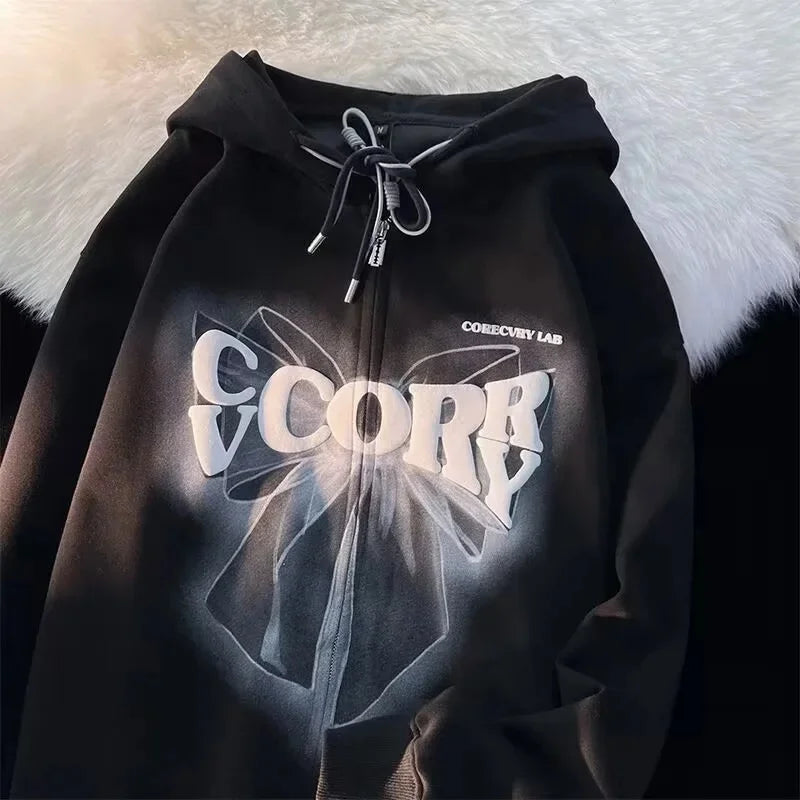 Early Autumn Thin Sweet Cool Butterfly Knot Hoodie Women Loose Couple Open Cardigan Jacket Zipper Top Trendy Streetwear