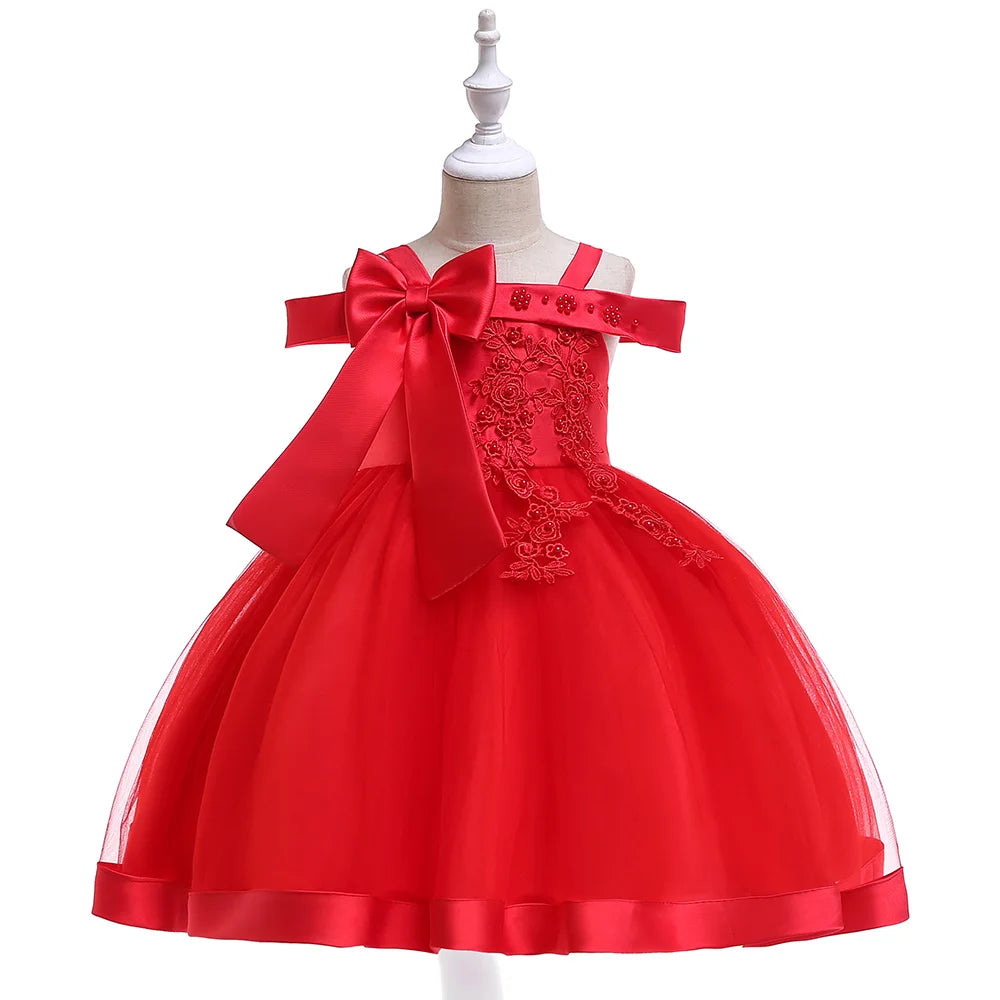 3-10 Years Kids Christmas Party Dresses For Girls Appliques Flower Elegant Wedding Dress With Bow Children Birthday Prom Gown