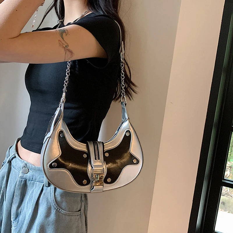 2025 New Star Moon Studded Motorcycle Bag Contrast Color Underarm Shoulder Bag Women's Edgy Crossbody Purse