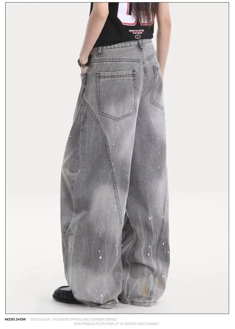 American retro washing smoke grey ink jeans scimitar straight wide-leg lazy style casual trousers Korean style