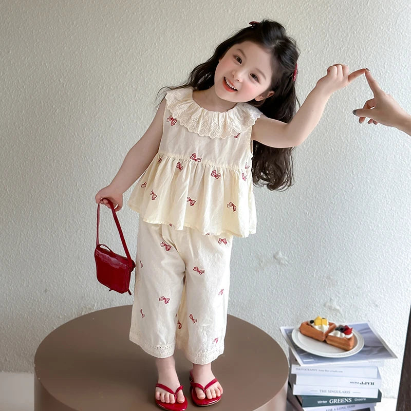 Girls Summer Embroidered Bow Two-piece set Baby Lace Collar Sleeveless Top Pants Sets Kids Clothes Set