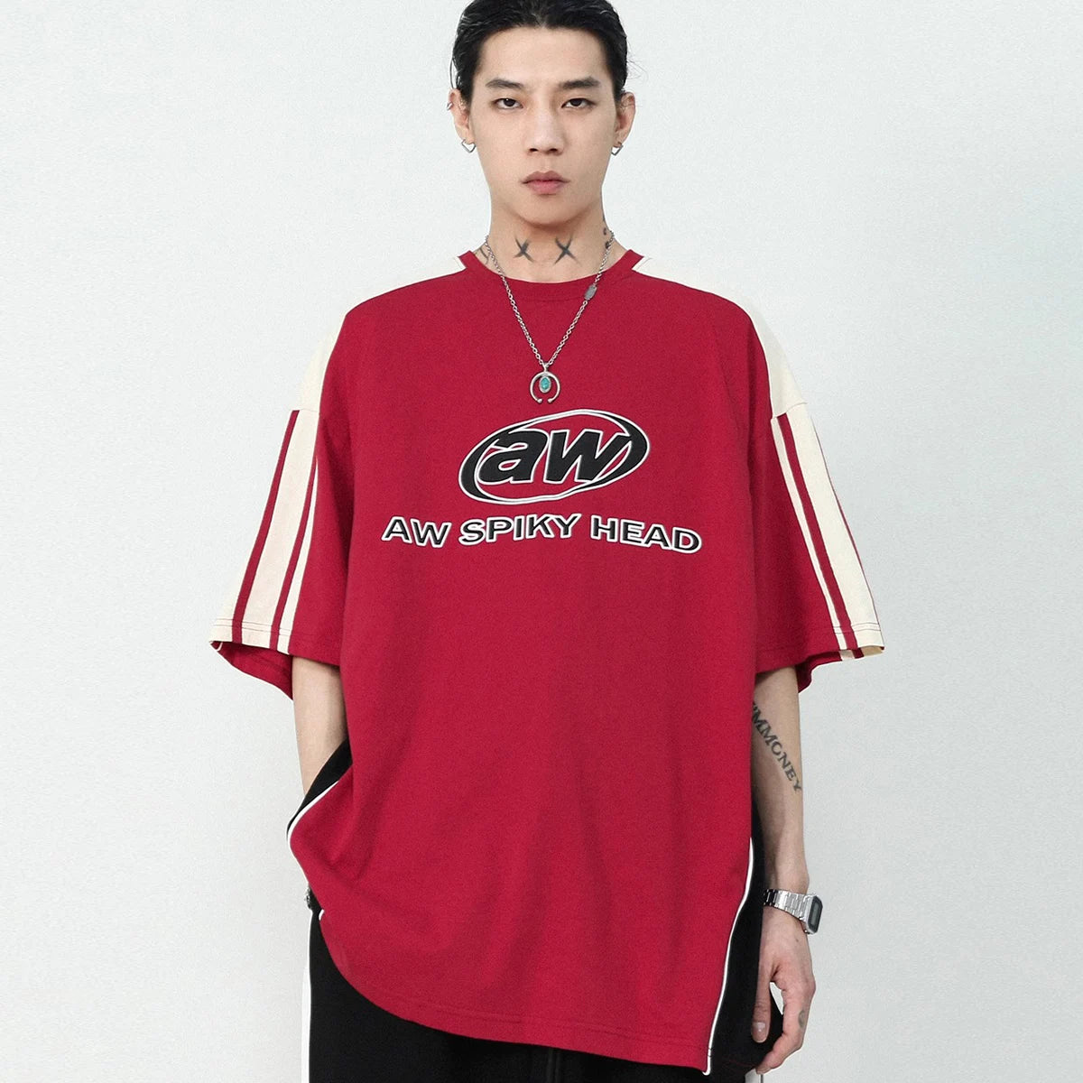 Letter Print Short Sleeve T-shirt Mens Summer Casual Crew Neck Contrast Paneled Cotton Loose Tee Men