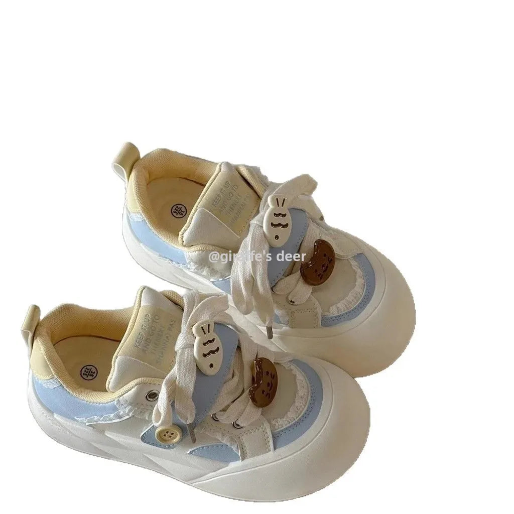 Women's round Toe Thick Bottom White Sneakers Spring Autumn Thin Breathable Casual Shoes Student Versatile Foot Slimming Bread S