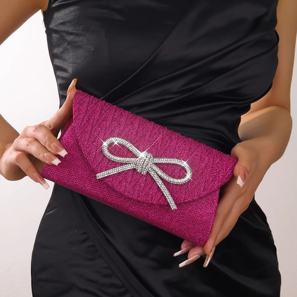 Women Elegant Evening Handbag Shiny Crystal Bow Flap Clutch Purse Envelope Dinner Evening Clutch Bags Wedding Party Prom Purse