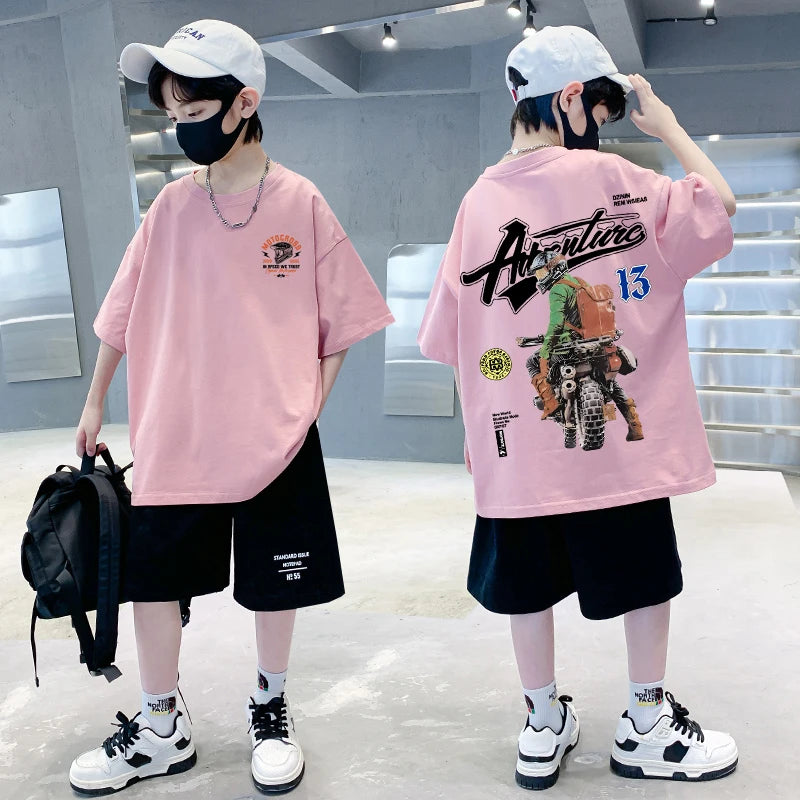 Korean Children's Clothes 2025 Boys Motorcycle Graphic T-Shirt Summer Short Sleeve 100% Cotton Loose Children Top Kids Clothes