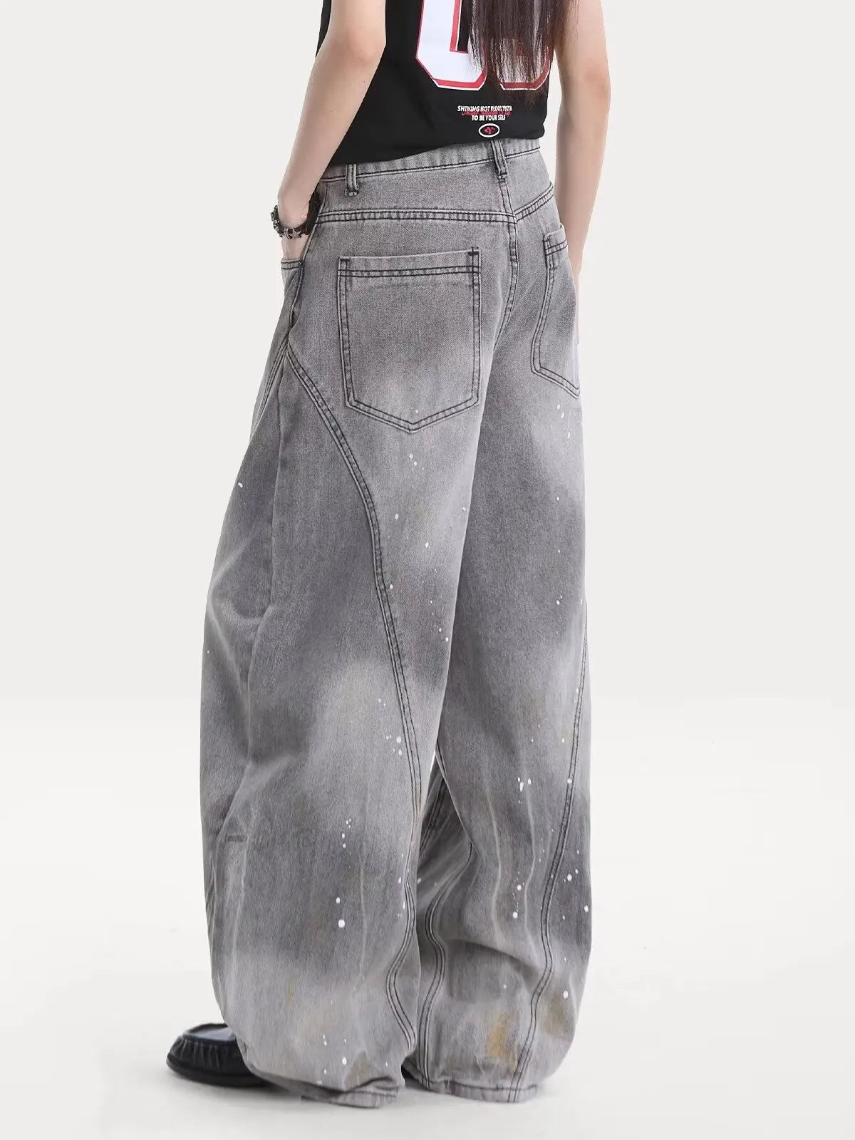 American retro washing smoke grey ink jeans scimitar straight wide-leg lazy style casual trousers Korean style