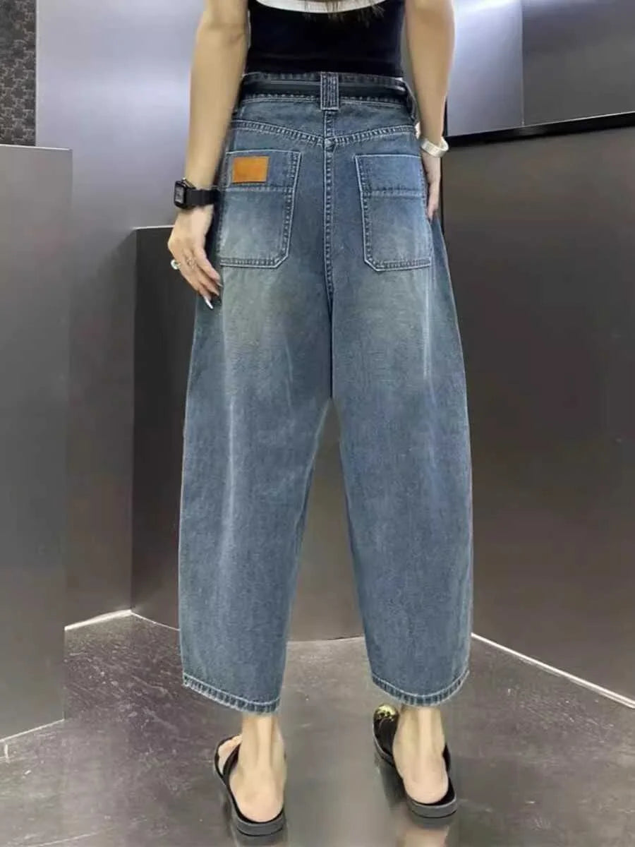 Loose Dad Jeans Women's Spring Summer New Sle Wide Leg Nine Points Harlan plus Size Slimming Trousers High Waist Denim
