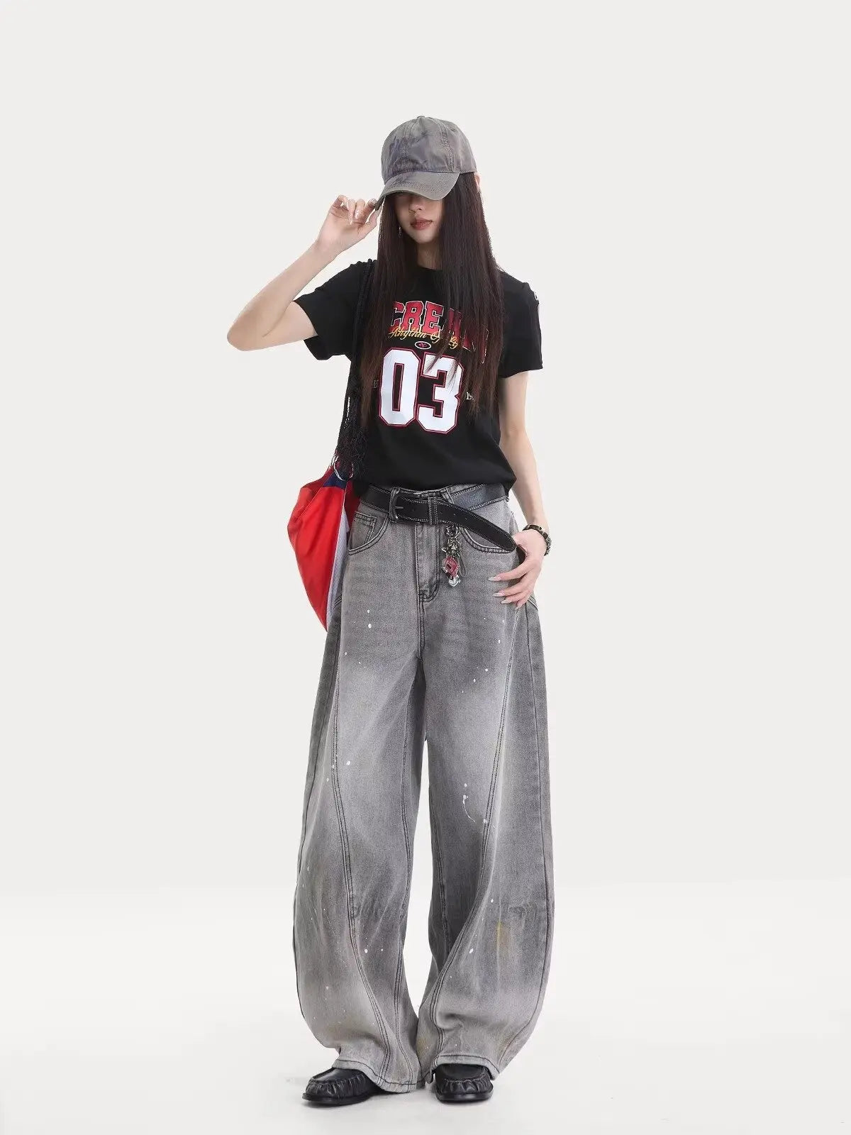 American retro washing smoke grey ink jeans scimitar straight wide-leg lazy style casual trousers Korean style