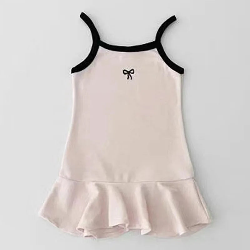 2025 Summer New Girls Sling Vest Kids Long T-Shirts Cute Bowknot kids Sleeveless Princess Casual Dresses Cotton Children Clothes