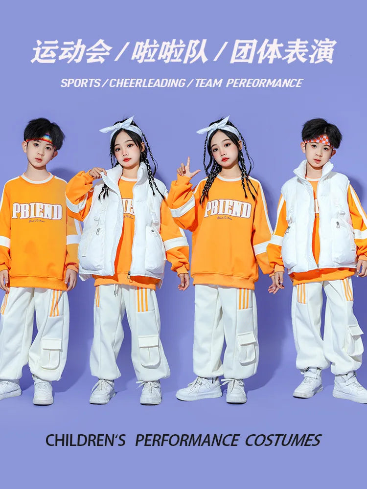 Fashion Kids Hip Hop Dancing Costumes 4 Girls Boys Ballroom Jazz Dance Clothes Party Wear Stage Outfits Orange White Shirt Pants