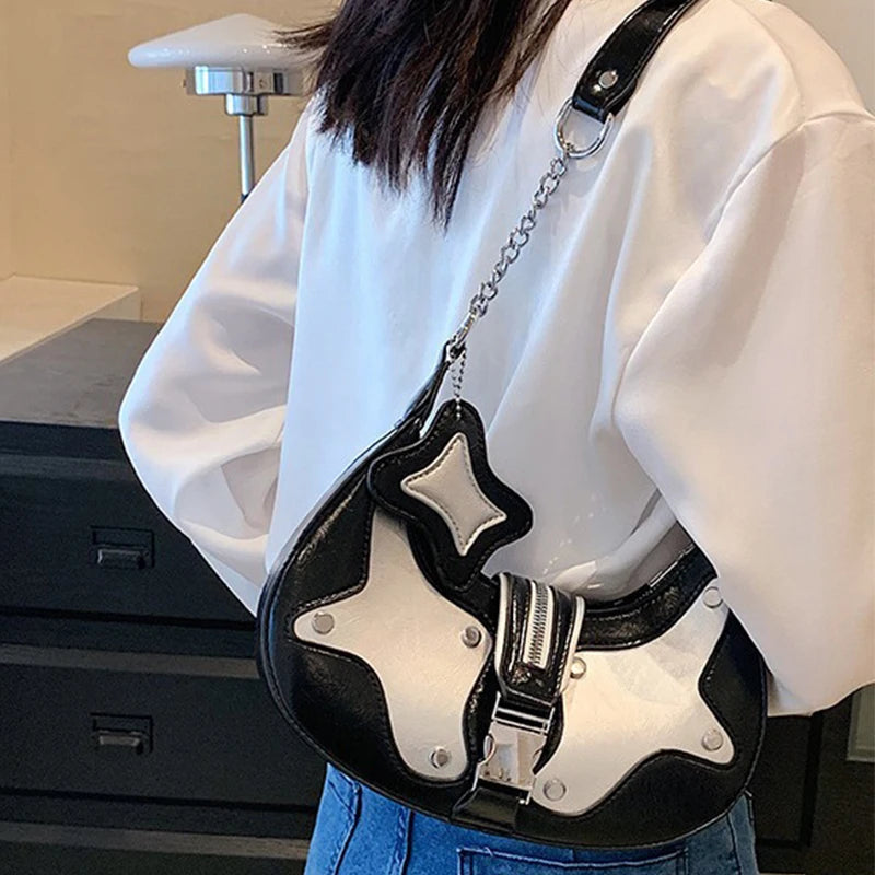 2025 New Star Moon Studded Motorcycle Bag Contrast Color Underarm Shoulder Bag Women's Edgy Crossbody Purse