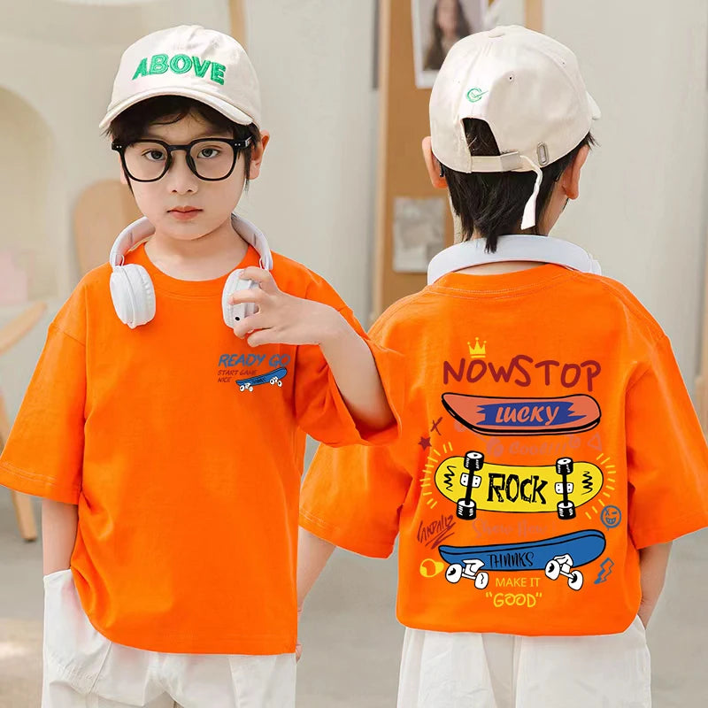 Skateboard Pattern Design Children's Tops Summer Boys Girls Short Sleeve T-shirts Cotton Korean Kids Clothes 2025 7-13Y 4-6Y