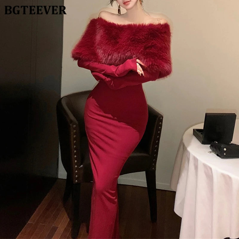 BGTEEVER Autumn Winter Fashion Slash Neck Ladies Skinny Package Hip Sweater Dress Elegant Long Sleeve Female Slim Knitted Dress
