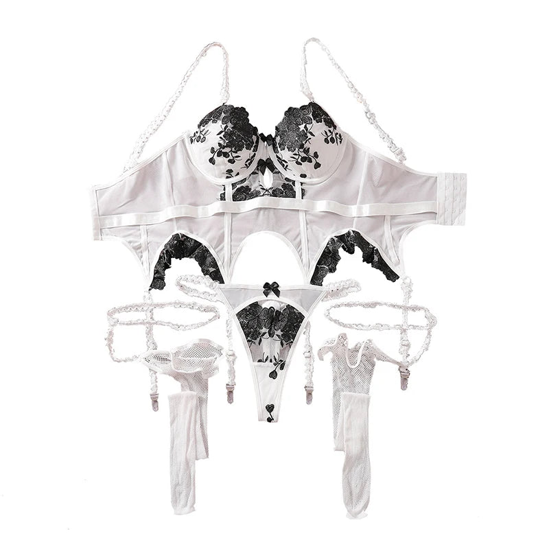 CHILLGIO Women Bodysuit Tops Embroidery Flowers Sexy Set Lingerie Sexy Thong Stockings Porn Fancy Sweet Underwear Bra Brief Suit