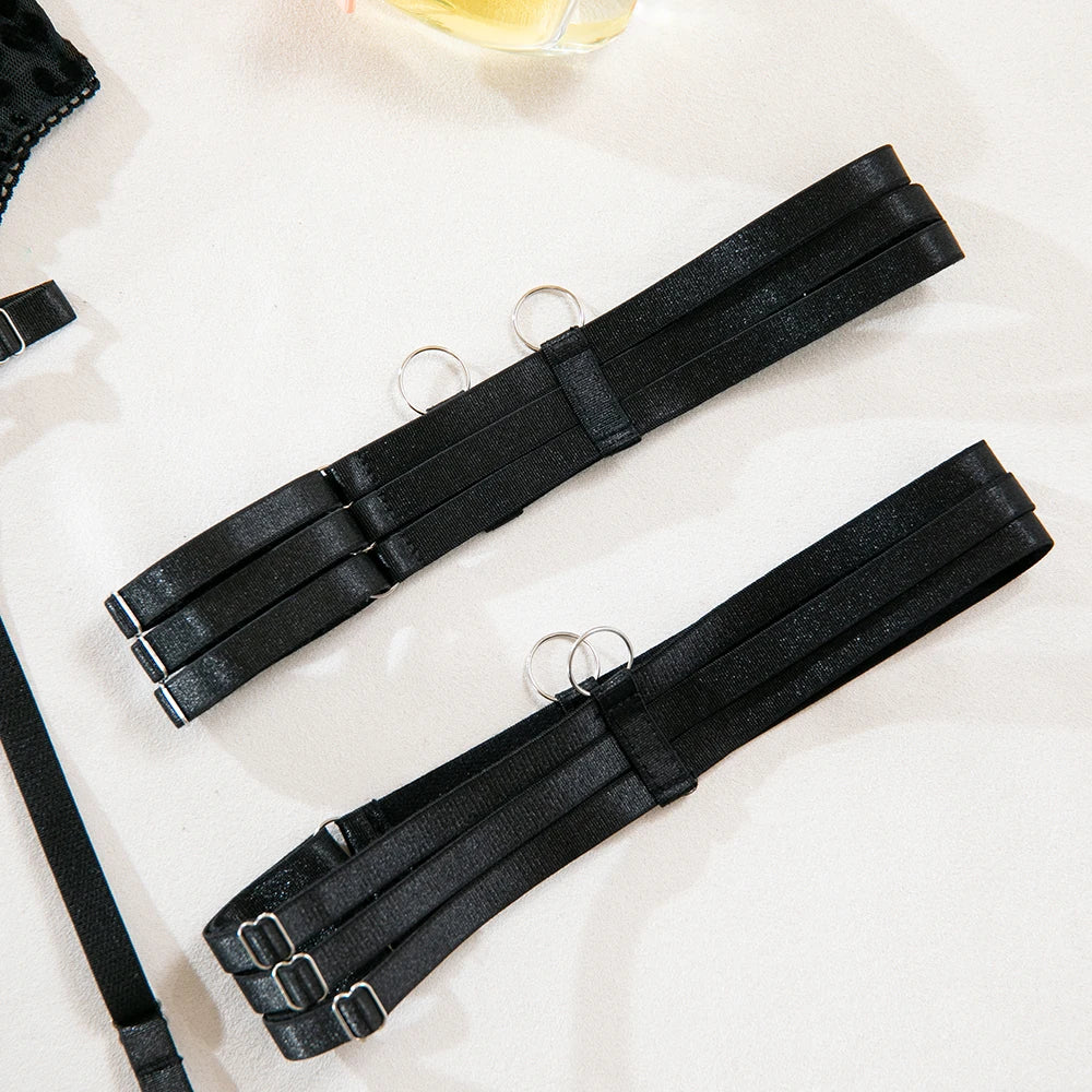 Yimunancy Leopard Flocking Bra Set Women Choker Transparent Bra + Brief Underwear Set 5-Piece Erotic Lingerie Garter Intimates