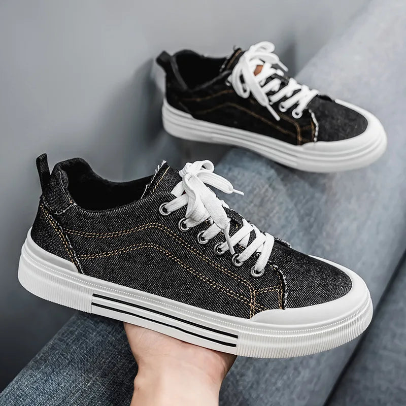 New streetwear denim sneakers men's fashion tied up runway shoes male canvas sneakers hip-hop shoes large size 47 48 boy trainer