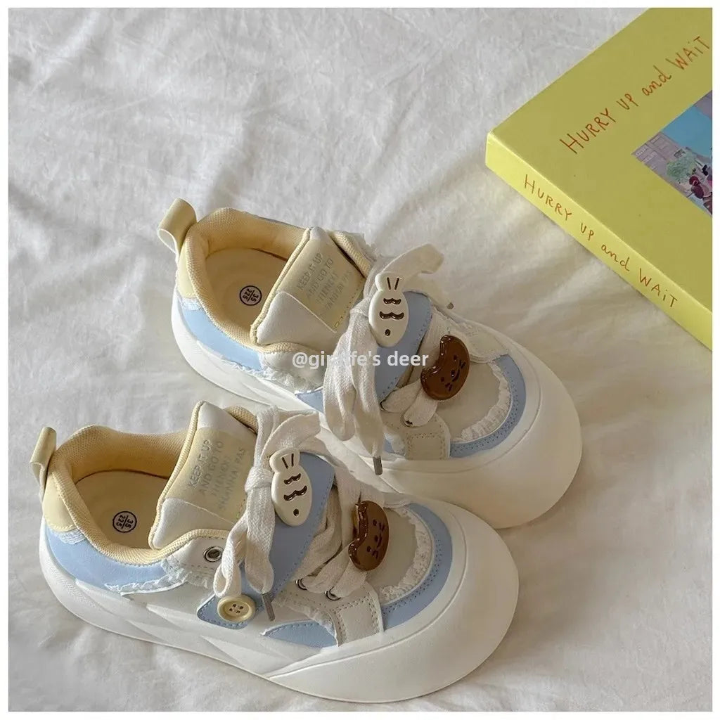 Women's round Toe Thick Bottom White Sneakers Spring Autumn Thin Breathable Casual Shoes Student Versatile Foot Slimming Bread S