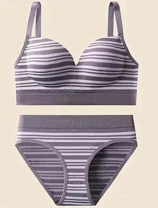 French Stripe Sexy Backless Bra And Panty Set Comfortable No Steel Ring Back Closure Wrap Chest Women's Underwear Set
