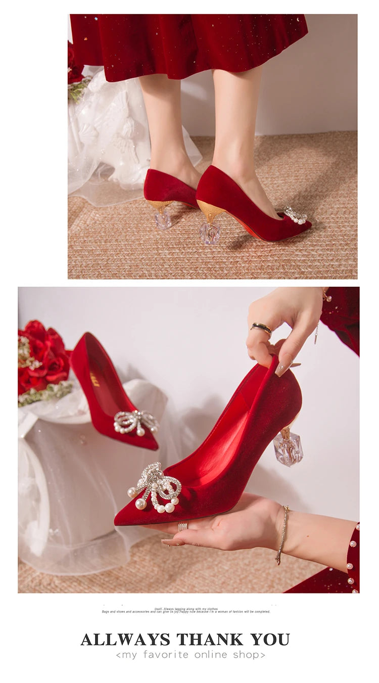 Wedding shoes bride shoes women new pearl thick heel shallow mouth pointed Xiuhe main wedding dress not tired foot single shoes