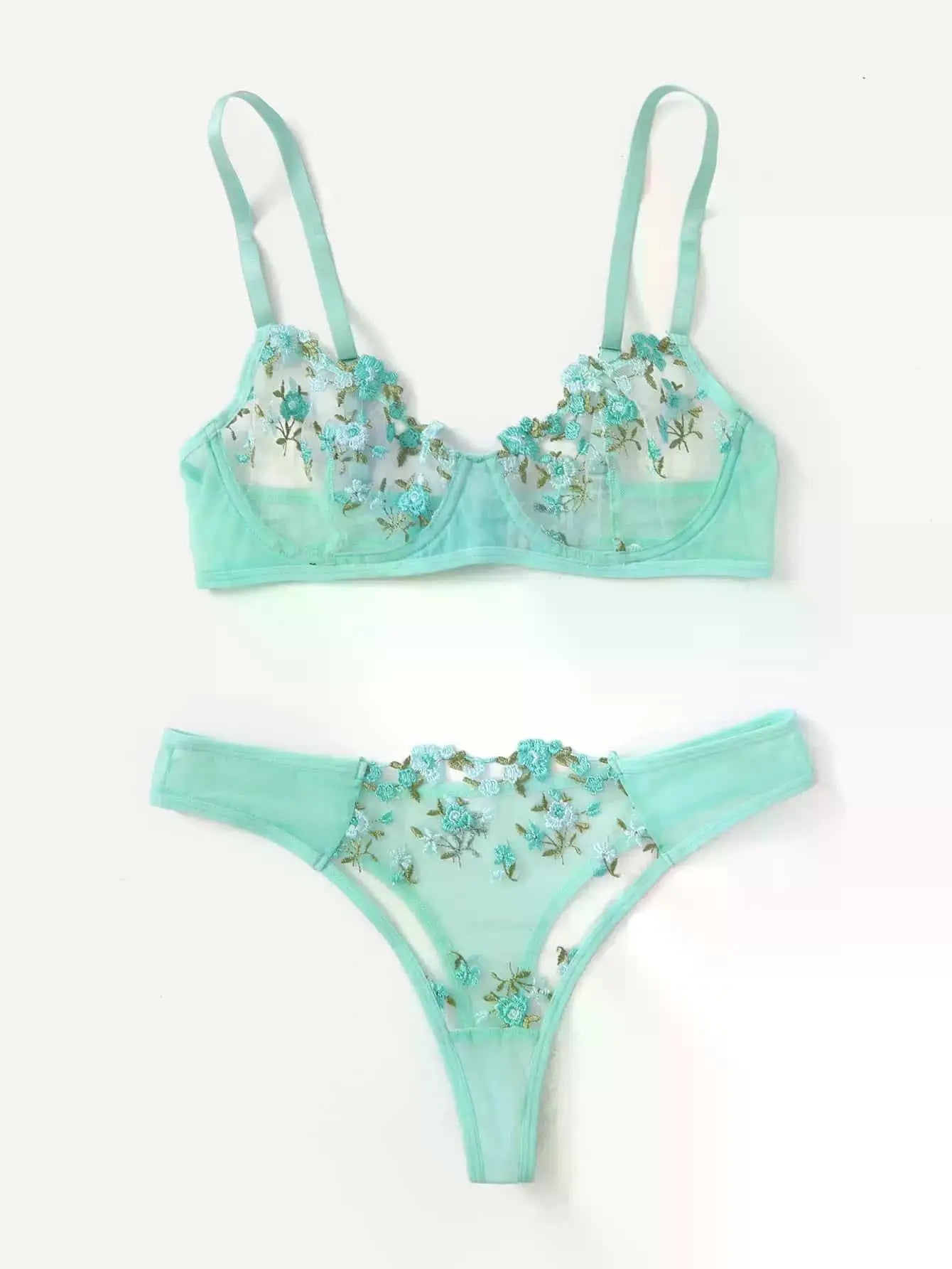 Transperant Lingerie Set Women Mesh Net Sexi Lenceria Sensual Mujer Bra Sets Embroidery Floral Underwired