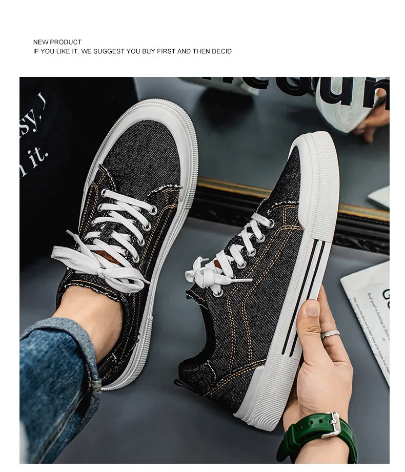 New streetwear denim sneakers men's fashion tied up runway shoes male canvas sneakers hip-hop shoes large size 47 48 boy trainer