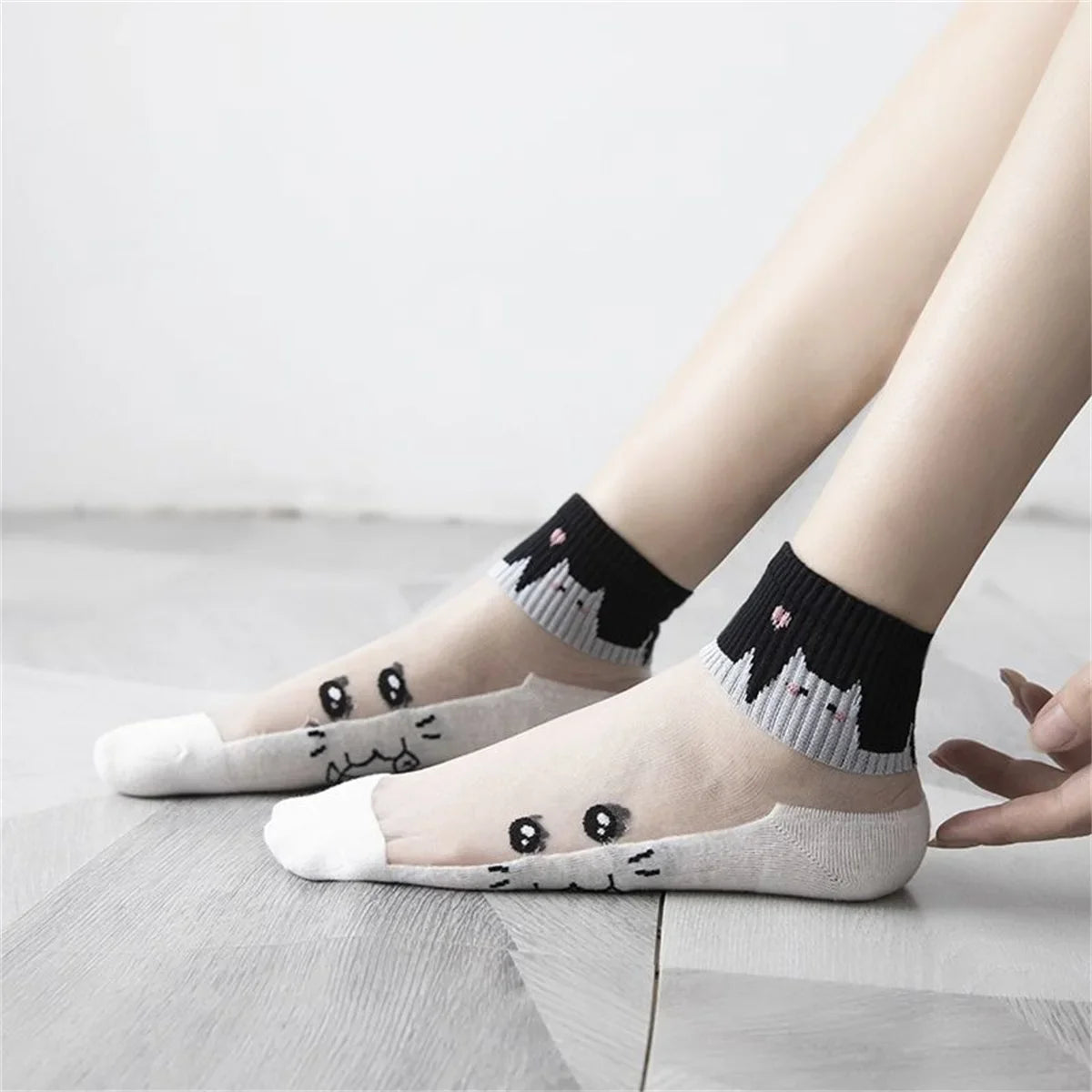 5Pairs Summer Socks Black White Cat Glass Silk Breathable Female Short Socks Simple Cute Footwear