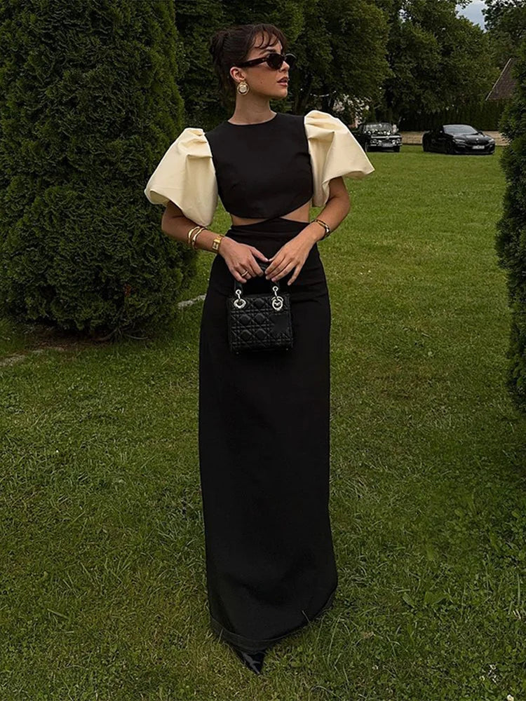 Fashion Puff Sleeve Maxi Dress For Women Sexy Hollow Out Waist Vacation Party Beach Dresses Female 2025 Elegant Lady Chic Robe