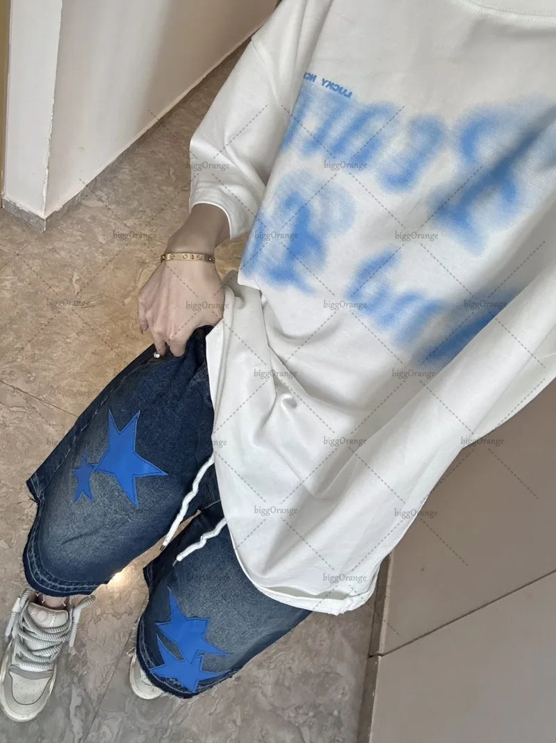 Street Trendy Brand Loose Straight Cropped Pants Women American Retro Star Embroidered Denim Shorts Hip Hop Dance Clothing Men