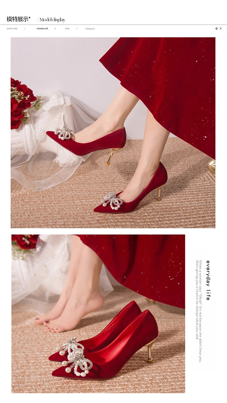 Wedding shoes bride shoes women new pearl thick heel shallow mouth pointed Xiuhe main wedding dress not tired foot single shoes