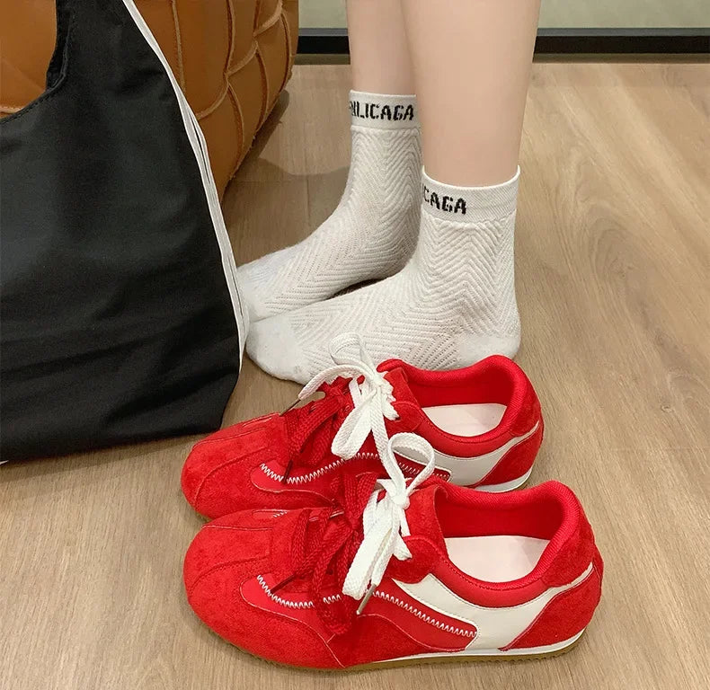 Women's Spring Summer Breathable Flat Casual Deqin Shoes Versatile Slip-On Flats Comfortable Polyurethane Outsole Striped Patter