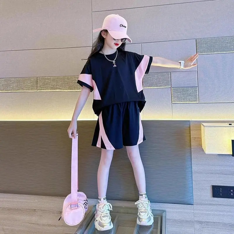 2025 New Girls Fashion Breathable Mesh Contrast Color Patchwork Tees+Pants 2pcs Sportsuits 7-14 Years Teenage Kids Clothes Sets