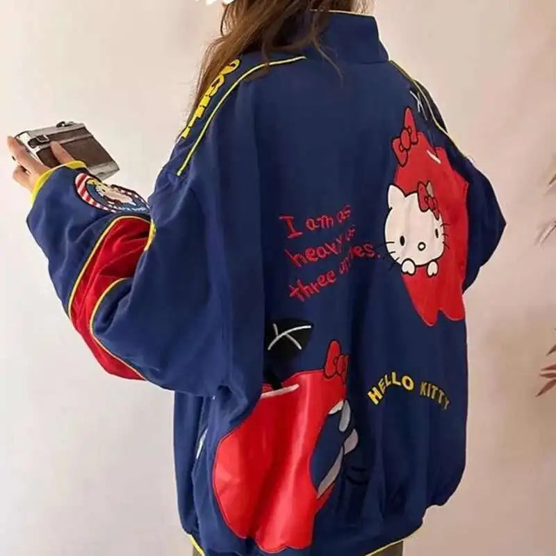 Cartoon Hellokitty Y2k Baseball Jacket Button American Retro Coats Embroidery KT Cat Harajuku Jacket Women Oversized Coat