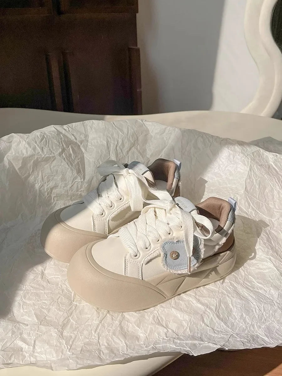 Spring Women's Dopaamine Board Shoes Versatile Thick Bottom Bread Style Casual Chic Sneakers Rubber Outsole Anti-Slip Synthetic