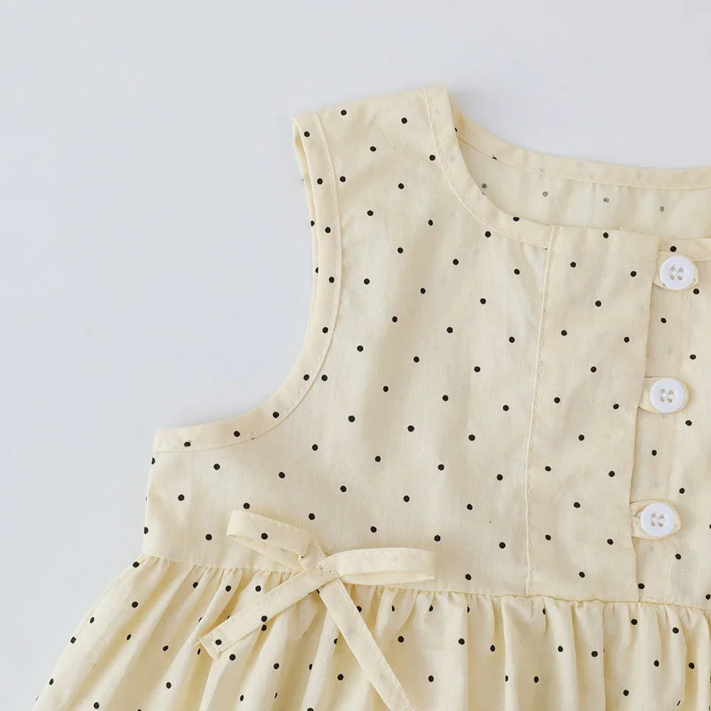 Bear Leader Baby Girl's Casual Clothing Round Neck Sleeveless Polka Dot Top+Wide Leg Pants Set with Bow and Botton 2PCS Set