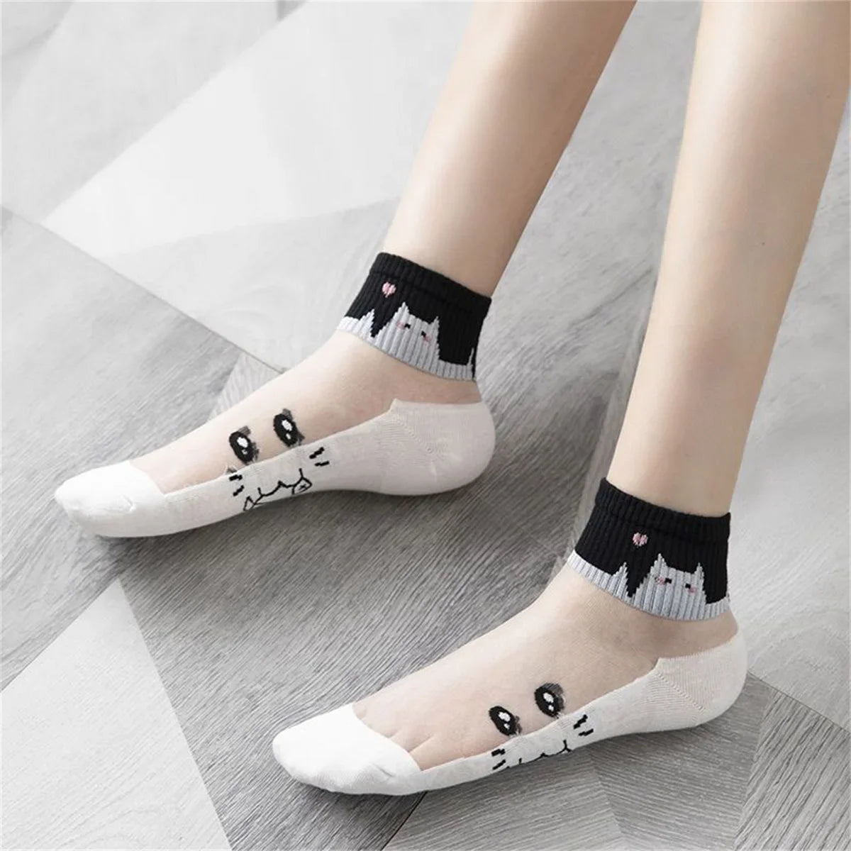 5Pairs Summer Socks Black White Cat Glass Silk Breathable Female Short Socks Simple Cute Footwear