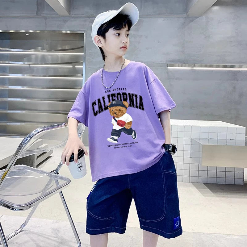 Boys Trendy Bear Print Graphic T Shirts Korean Children's Clothes 2025 Girls Cotton Short Sleeve Tops Tees Kids Clothes Summer