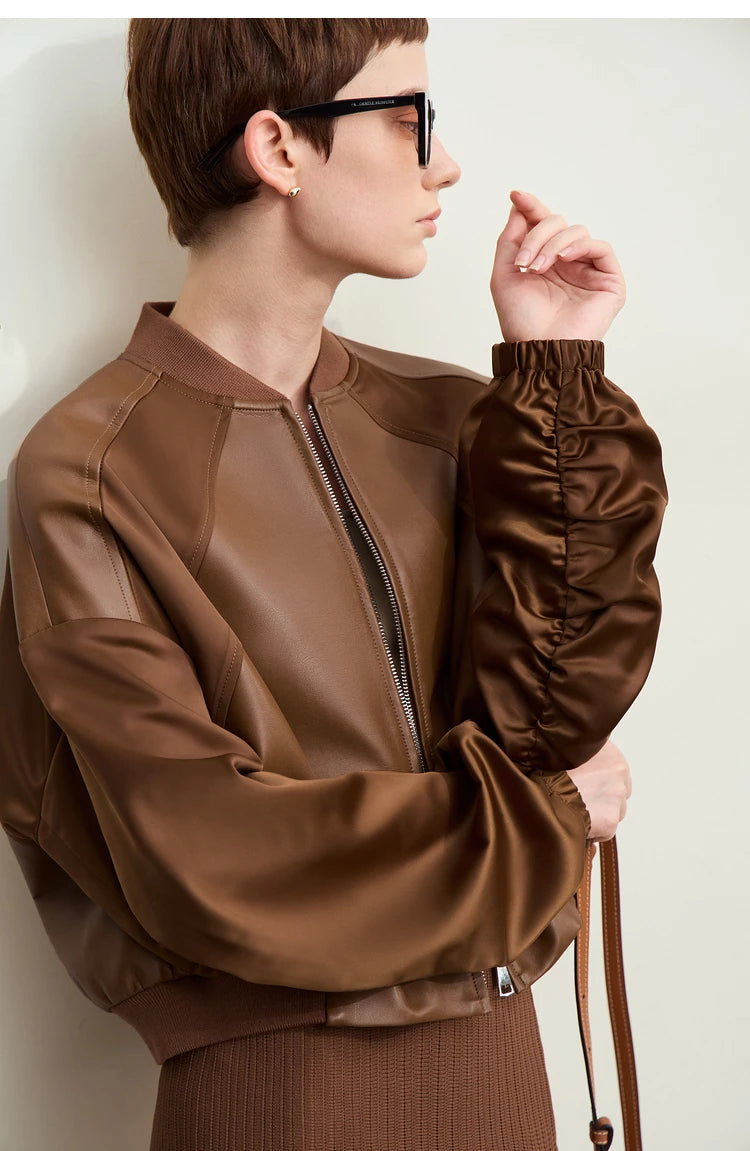 Amii Minimalism PU Leather for Women 2024 Autumn New Casual Handsome Baseball Collar Zipper Short Retro Female Jacket 12423080