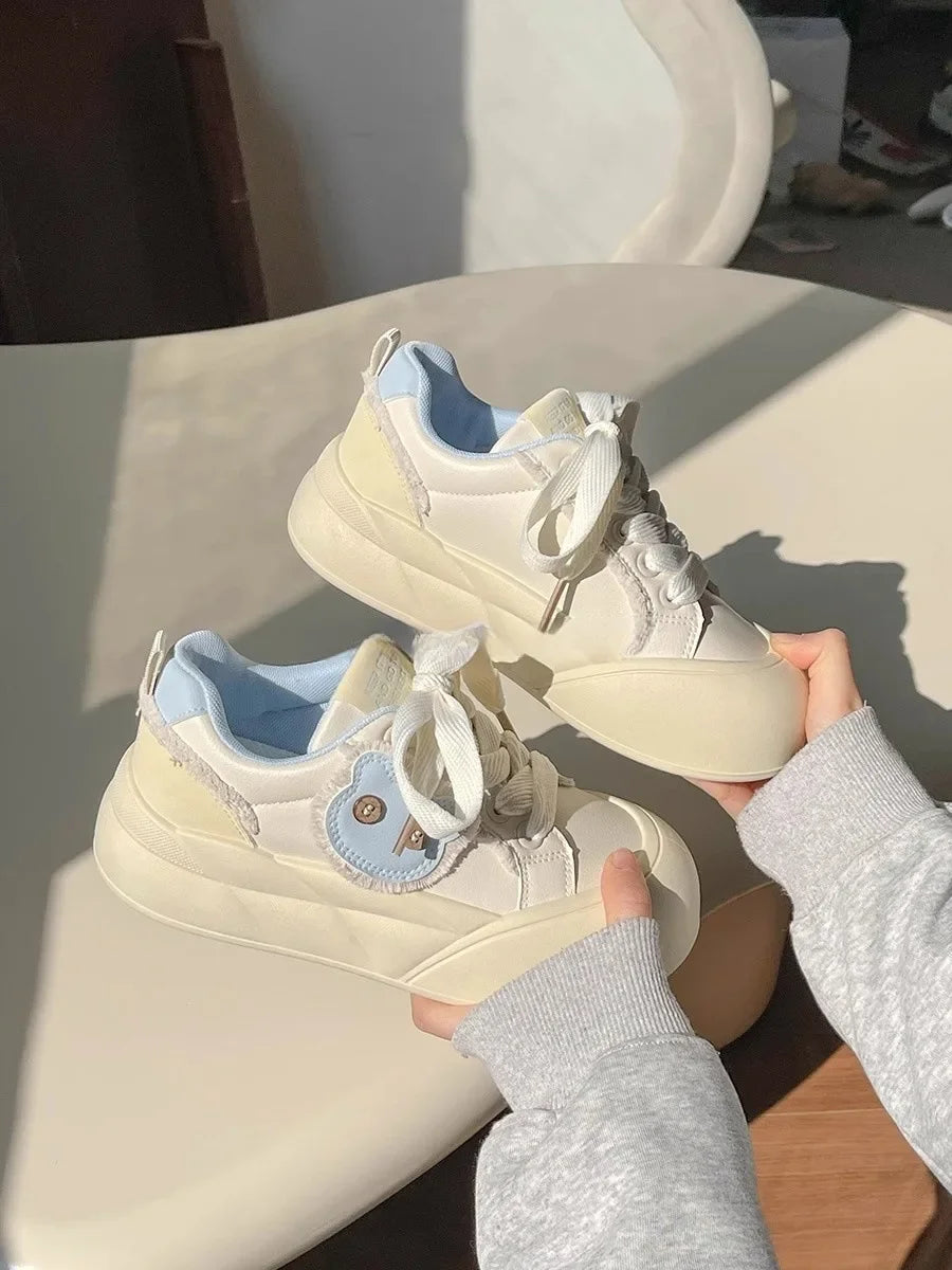 Spring Women's Dopaamine Board Shoes Versatile Thick Bottom Bread Style Casual Chic Sneakers Rubber Outsole Anti-Slip Synthetic