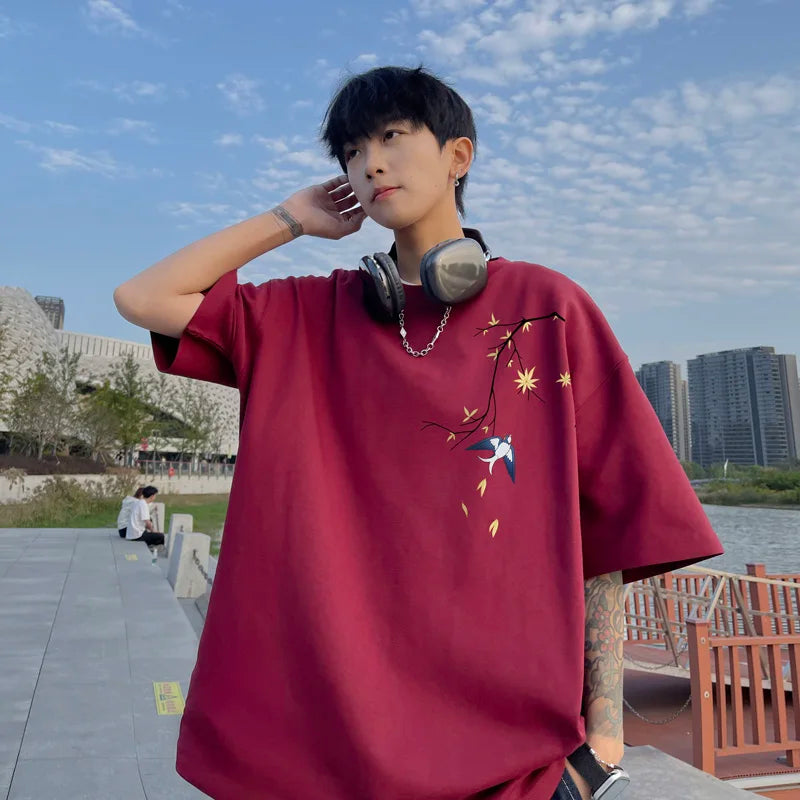 Men's Oversized T-shirts Mens Cotton T Shirt White Casual 5XL Summer Wear Fashion Bird Print Tee Shirts for Men Clothing