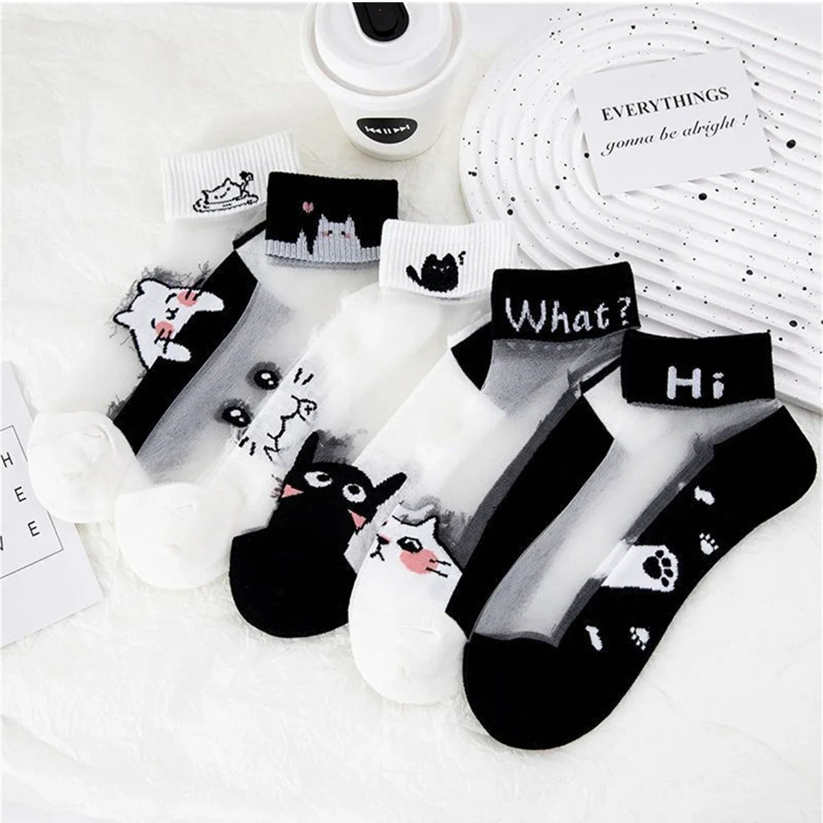 5Pairs Summer Socks Black White Cat Glass Silk Breathable Female Short Socks Simple Cute Footwear
