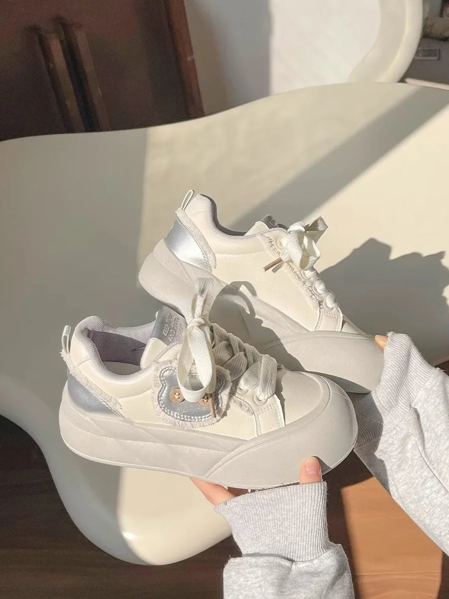 Spring Women's Dopaamine Board Shoes Versatile Thick Bottom Bread Style Casual Chic Sneakers Rubber Outsole Anti-Slip Synthetic