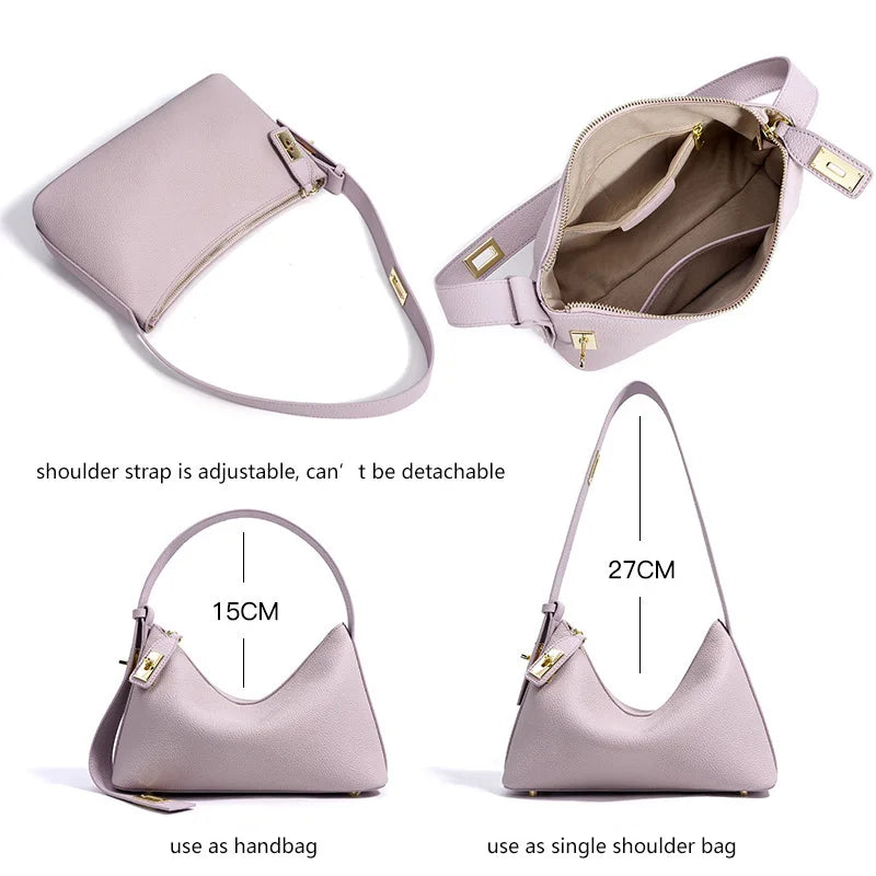 Women's Plain Color Genuine Leather Handbag Fashionable All-match Casual Versatile Trendy Single Shoulder Bag with Lock Design