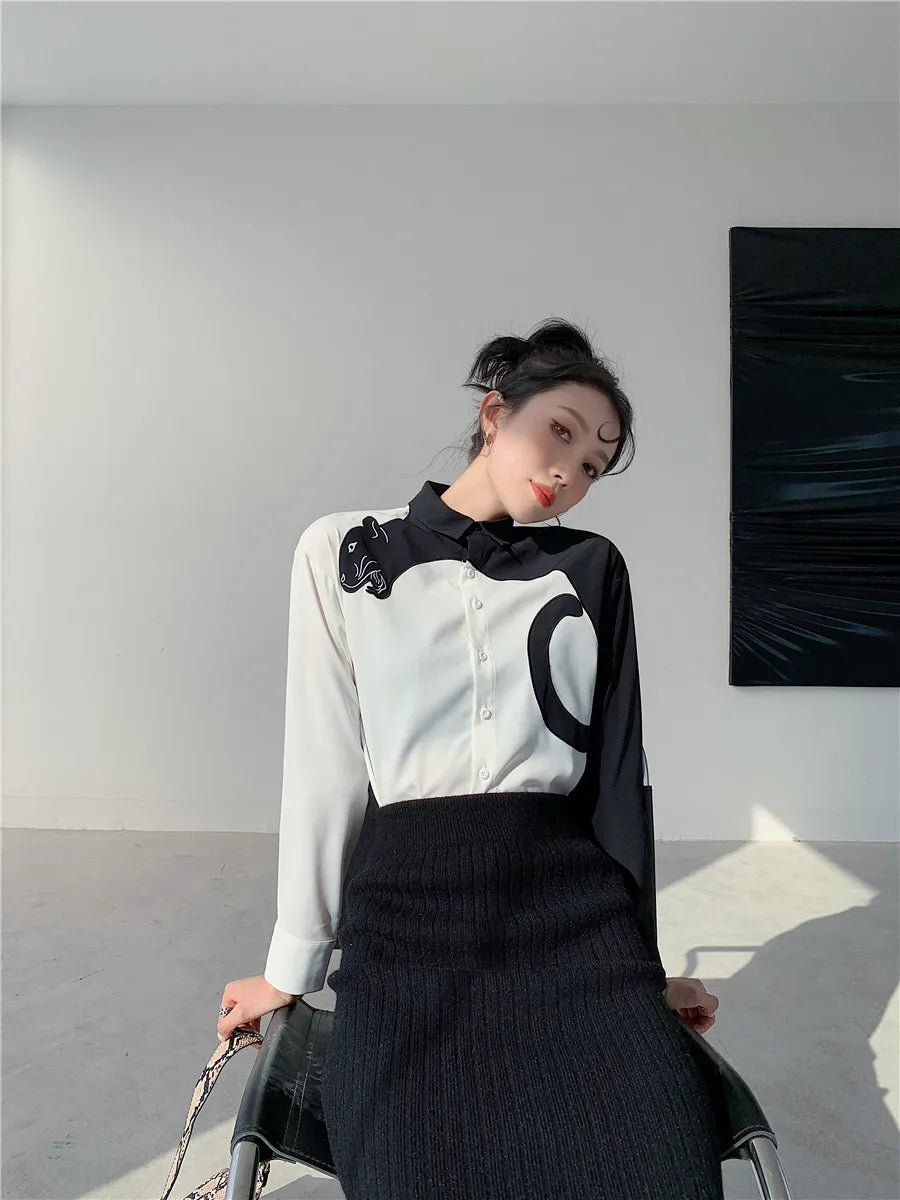 CHEERART Leopard Embroidered Long Sleeve Shirts And Blouses Women White Button Up Fall 2024 Designer Clothes Tops Fashion