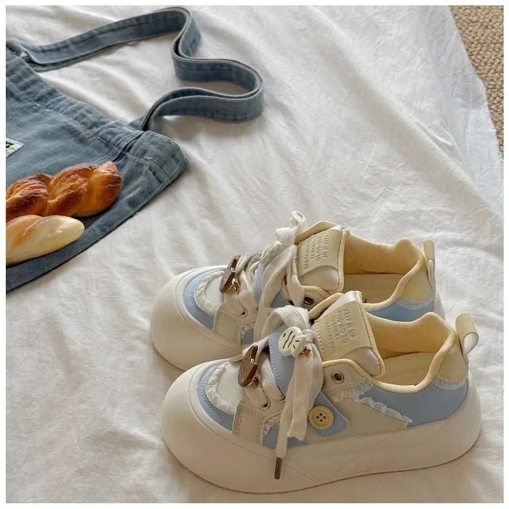 Women's round Toe Thick Bottom White Sneakers Spring Autumn Thin Breathable Casual Shoes Student Versatile Foot Slimming Bread S