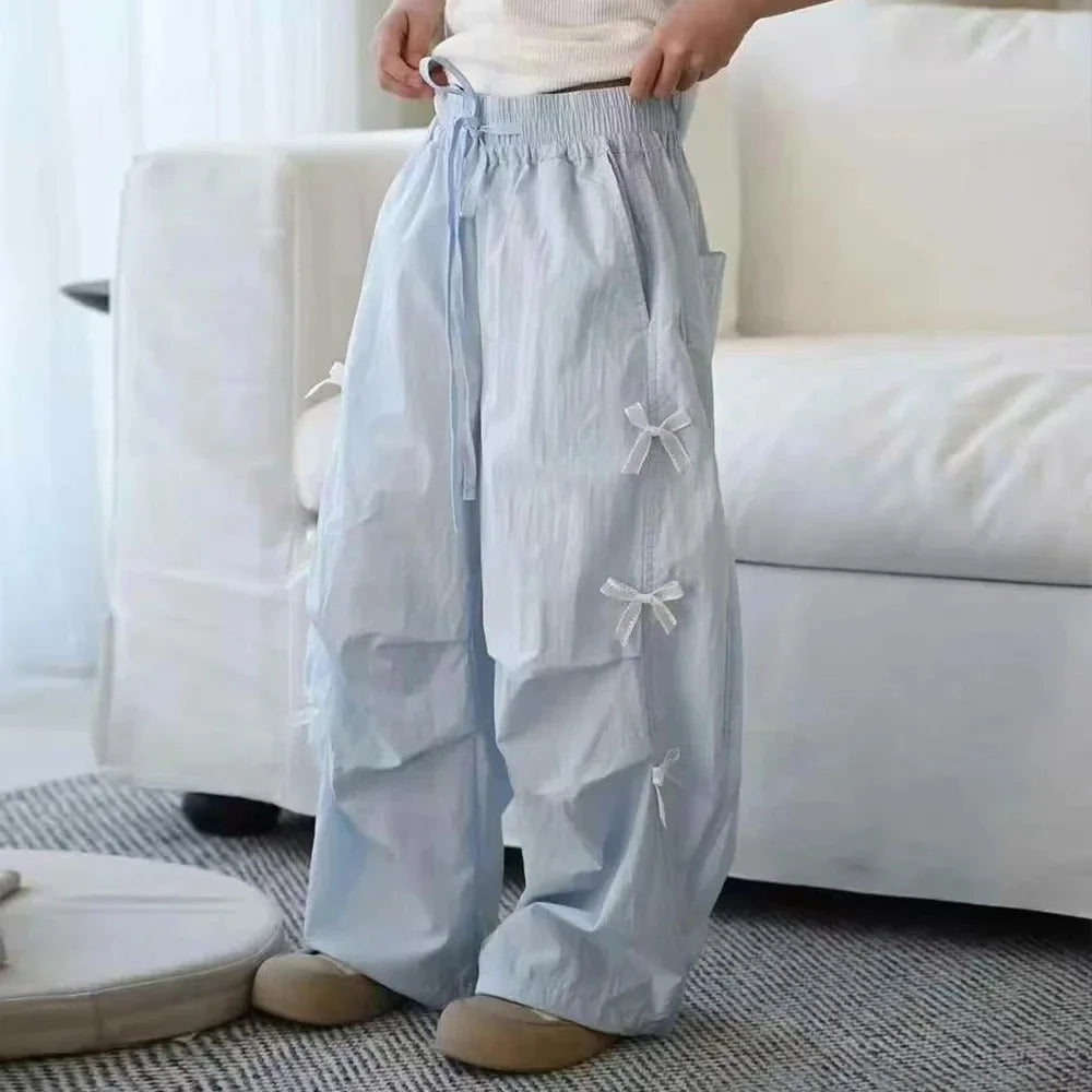 Girls Mosquito-Resistant Pants Summer New Style Dopaamine Color Butterfly Knot Lightweight Paratrooper Pants Thin Long Trousers