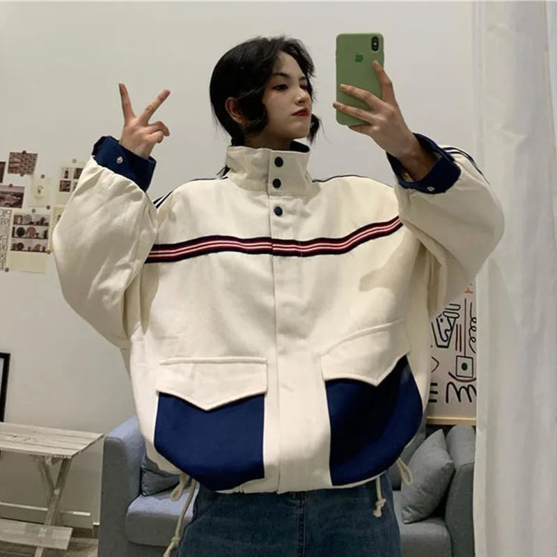 Patchwork Jacket Women American Loose Streetwear Blue and White Zipper Clothes Casual Chic Long Sleeve Harajuku Outwear