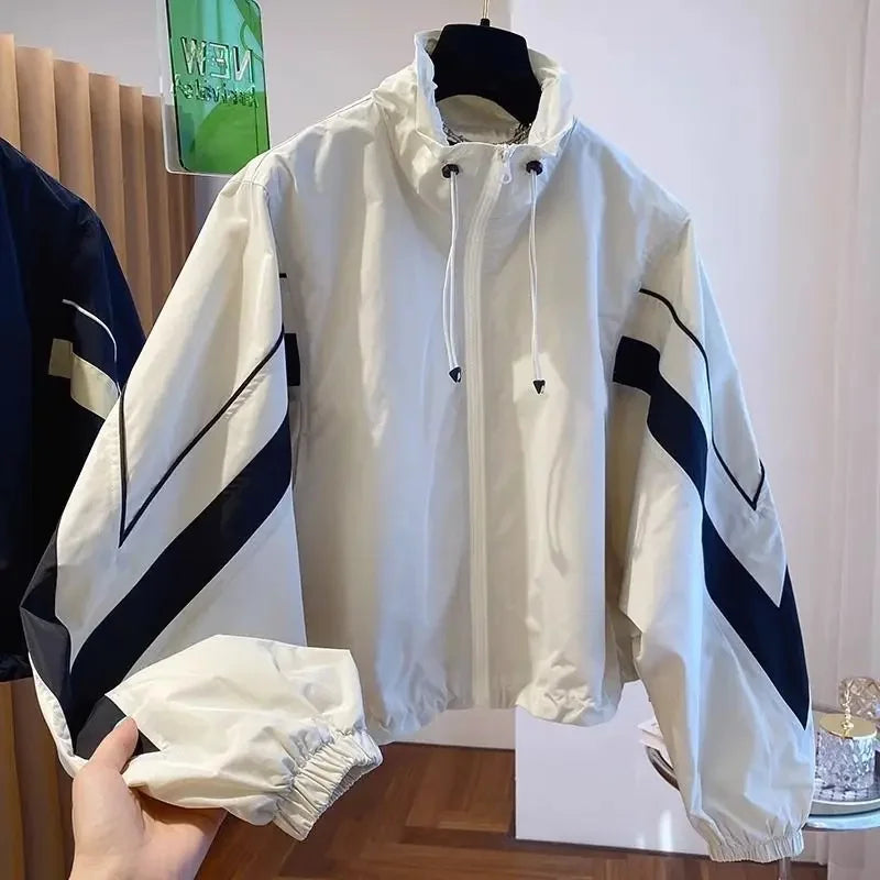 2024 New Design SensibilityNiche Loose-Fit Casual Drawstring Stand Collar Jacket Women's Spring Autumn Baseball Uniform